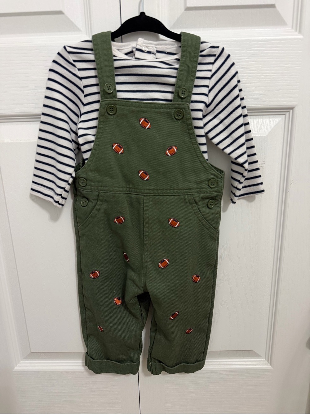Little Me Olive Green Overalls with Football Embroidery NWOT